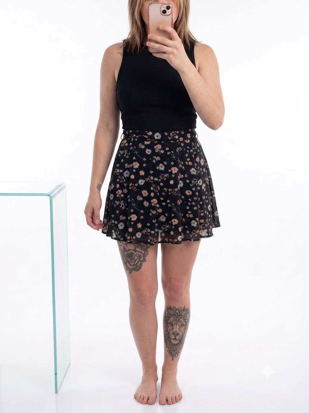 Dynamite Black Floral Skater Mini Skirt